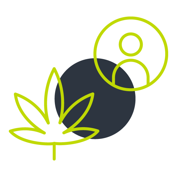Line drawing of a cannabis leaf in front of a dark circle, with a user avatar icon outlined in yellow in the upper right corner—perfect for a mobile smoke shop based in Winter Haven, Florida.