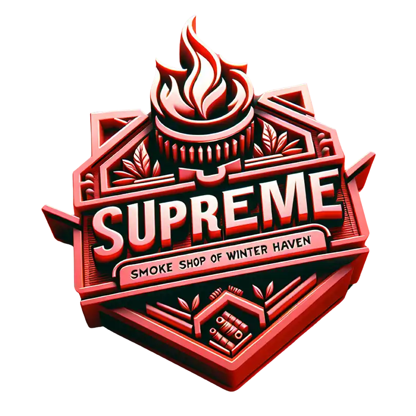 Red and white logo for "Supreme Smoke Shop of Winter Haven, Florida," featuring a stylized flame above the shop name on a geometric background, showcasing this top mobile smoke shop’s bold identity.
