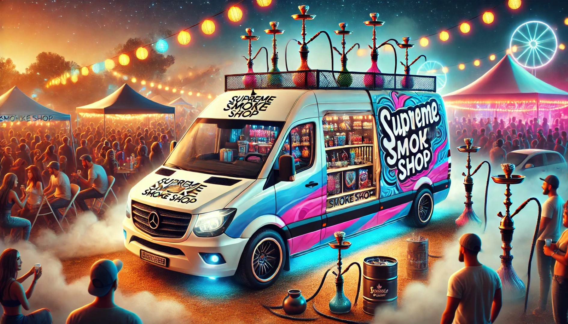 A brightly lit van labeled "Supreme Smoke Shop," a popular mobile smoke shop in Winter Haven, Florida, is parked at a lively outdoor festival, selling items with multiple hookahs displayed on top and people gathered around.
